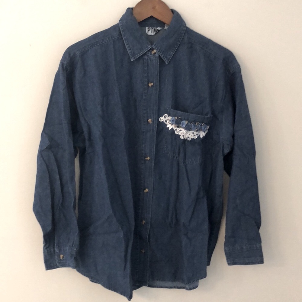 PTNY denim shirt floral embellished pocket long sleeve cowgirl garden girl SZ M